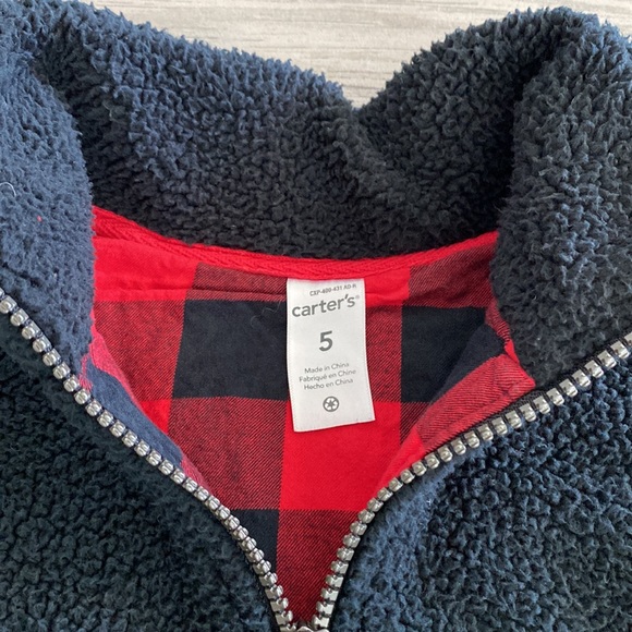 Boys Carters Black Fleece Vest Lined with Red/Black Buffalo Check - Picture 3 of 6